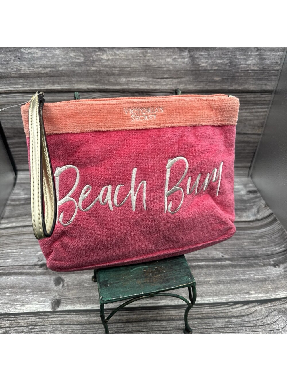 Victoria's Secret Beach Bum Terry Cloth Wristlet Cosmetic Pouch Pink Orange